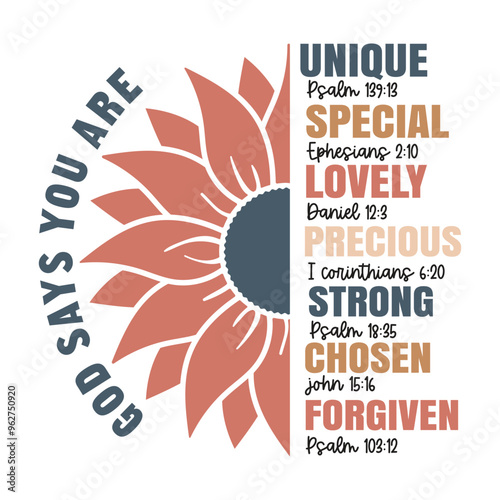 God says you are Unique special lovely precious strong chosen Forgiven psalm 139:13 Ephesians 2:10 Daniel 12:3 i Corinthians 6:20 psalm 18:35 John 15:16 Psalm 103:12 Art & Illustration