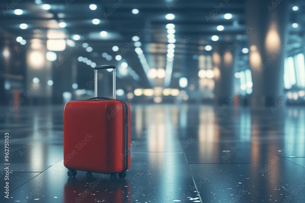 Suitcase on the floor of the airport terminal. 3D rendering. Business trip with suitcase and airport background. Travel and vacation concept, with generative ai Suitcase on the floor of the airport terminal. 3D rendering. Business trip with suitcase and airport background. Travel and vacation concept, with generative ai