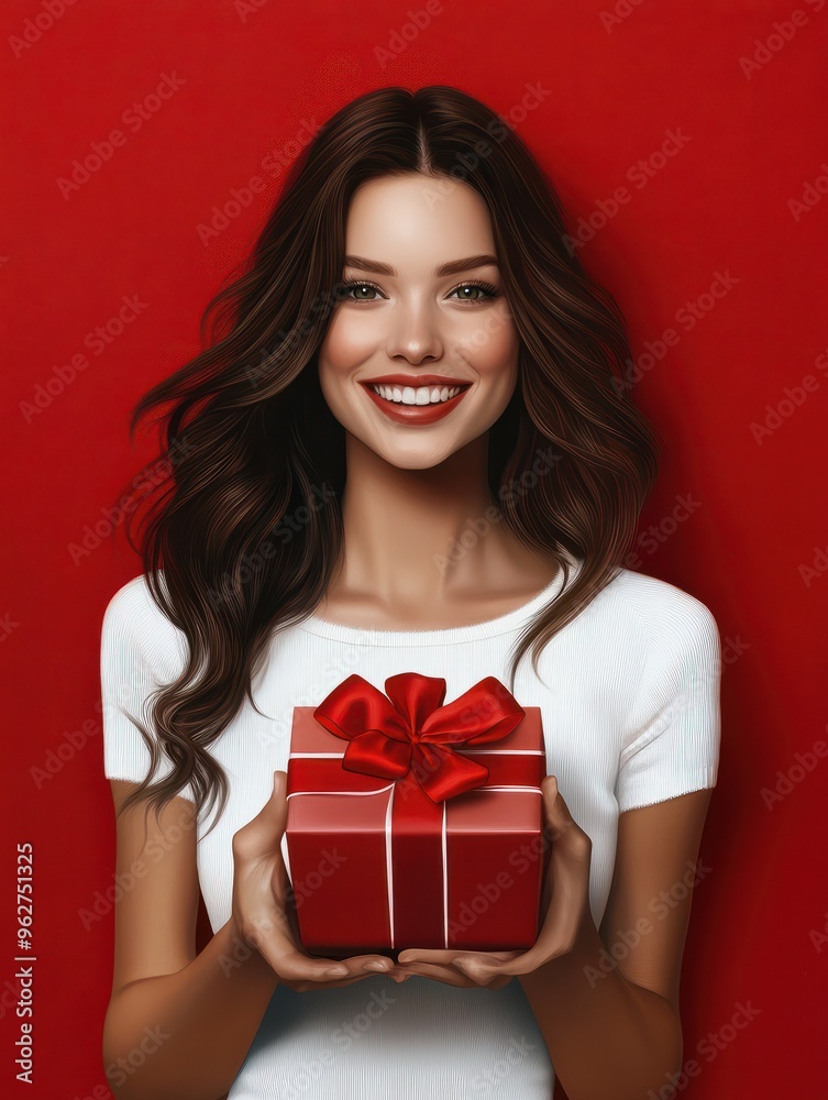 Happy smiling woman holding gift box over red background Happy smiling woman holding gift box over red background