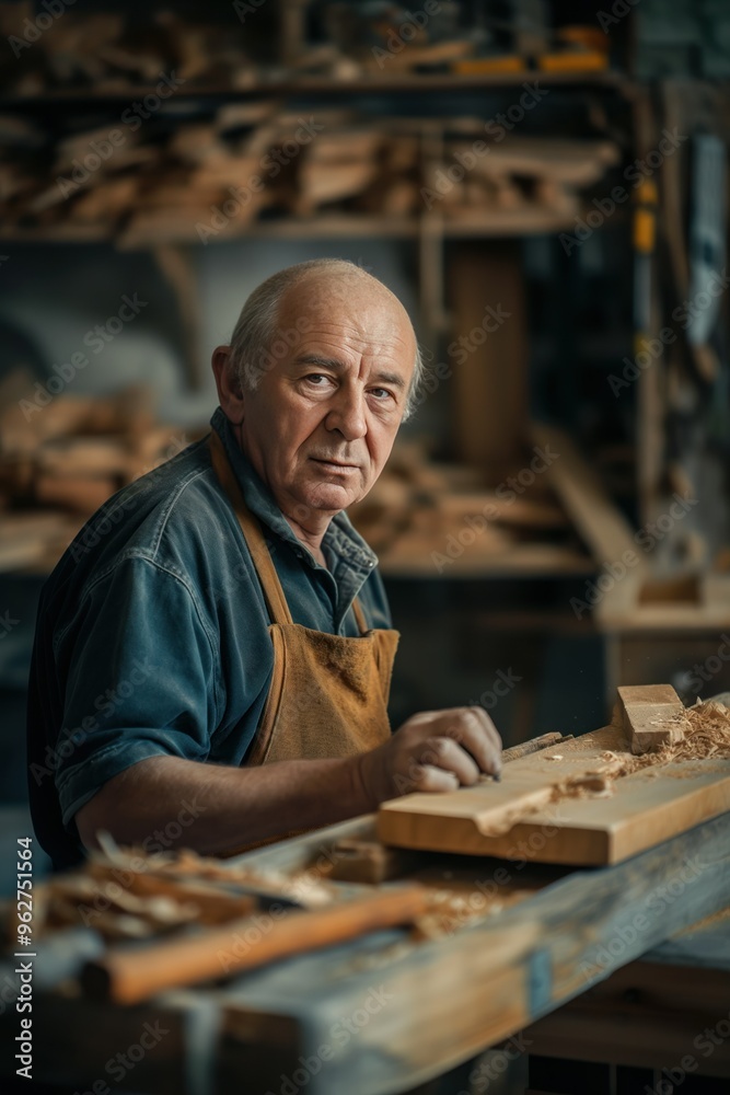 Mature man works on wooden project at home workshop. He wears blue shirt and apron, surrounded by tools and materials. The scene shows a person engaged in DIY woodworking hobby or pro craftsmanship. Mature man works on wooden project at home workshop. He wears blue shirt and apron, surrounded by tools and materials. The scene shows a person engaged in DIY woodworking hobby or pro craftsmanship.
