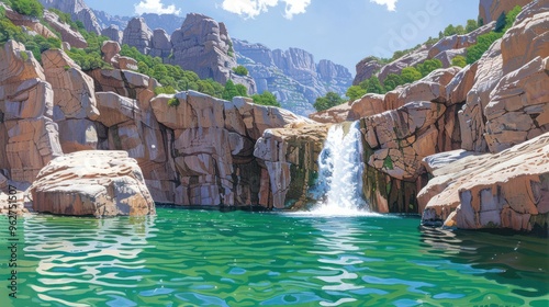 A serene waterfall cascading into a tranquil pool surrounded by rocky cliffs and lush greenery.