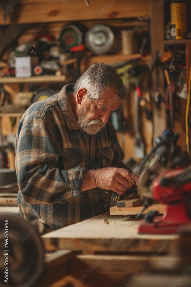 Mature man works on woodworking project in garage workshop. He uses power tool to shape wood piece with focus and concentration. Various tools and equipment surround him. Creative process in action. Mature man works on woodworking project in garage workshop. He uses power tool to shape wood piece with focus and concentration. Various tools and equipment surround him. Creative process in action.