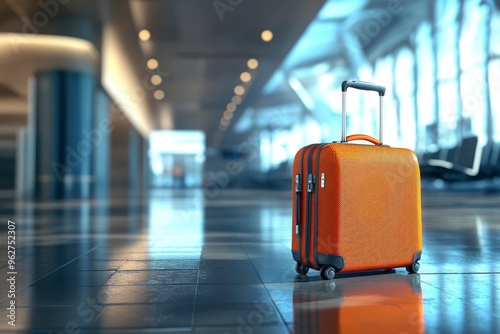 Suitcase on the floor of the airport terminal. 3D rendering. Business trip with suitcase and airport background. Travel and vacation concept, with generative ai