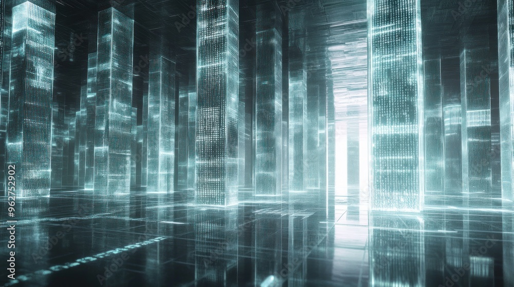 Obraz premium A futuristic, digital landscape with translucent structures and glowing elements.