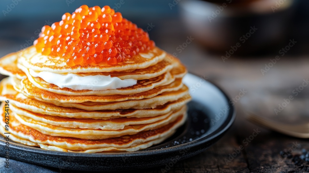 Russian blini pancakes stacked with red caviar, served with sour cream, and copy space on the side. Russian blini pancakes stacked with red caviar, served with sour cream, and copy space on the side.