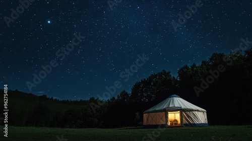 A yurt camping site at night, with stars clearly visible above and the yurt illuminated from within.