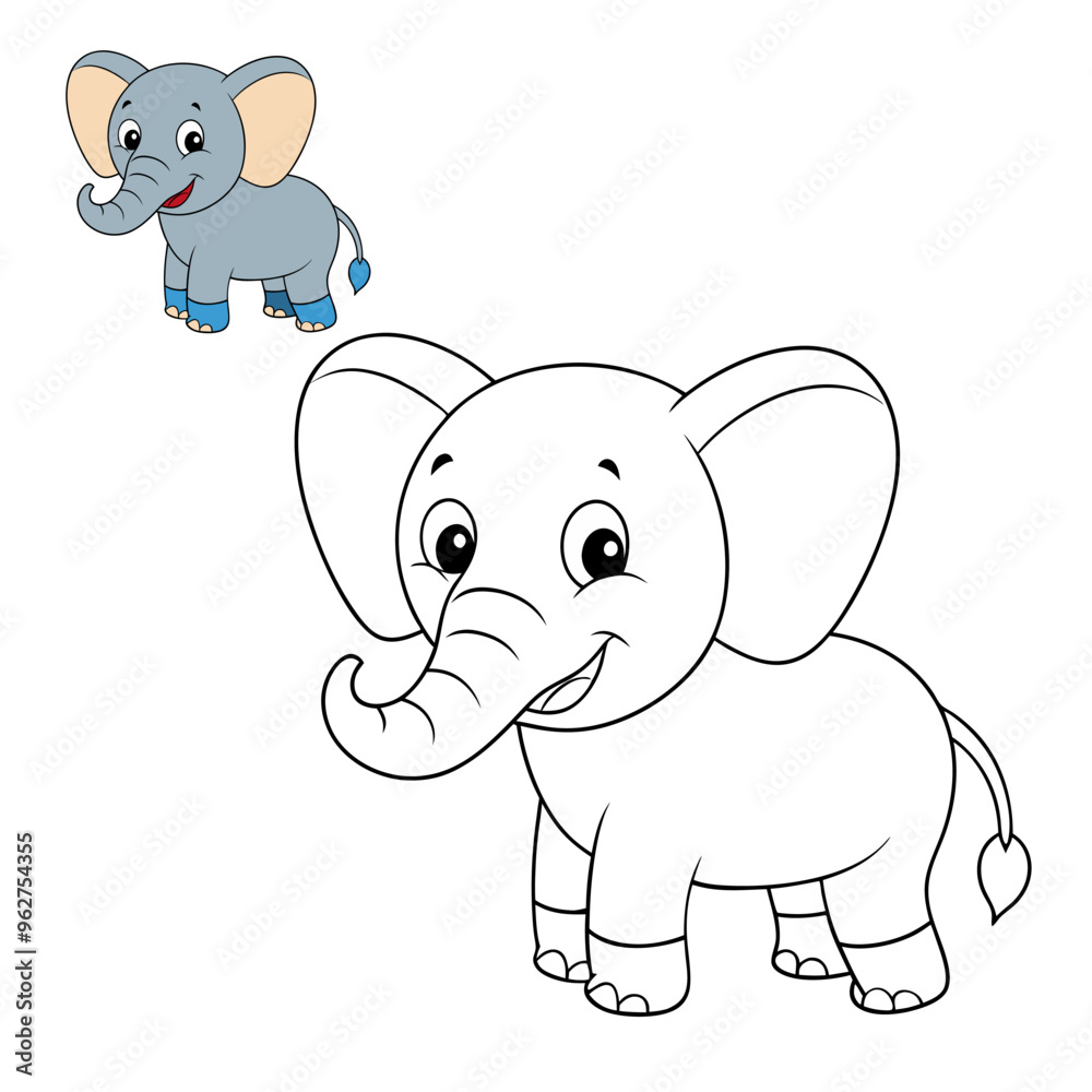 Obraz premium Adorable kids coloring page featuring a playful, cartoon elephant with simple outlines. Perfect for young children, this easy-to-color design promotes creativity and fine motor skills.