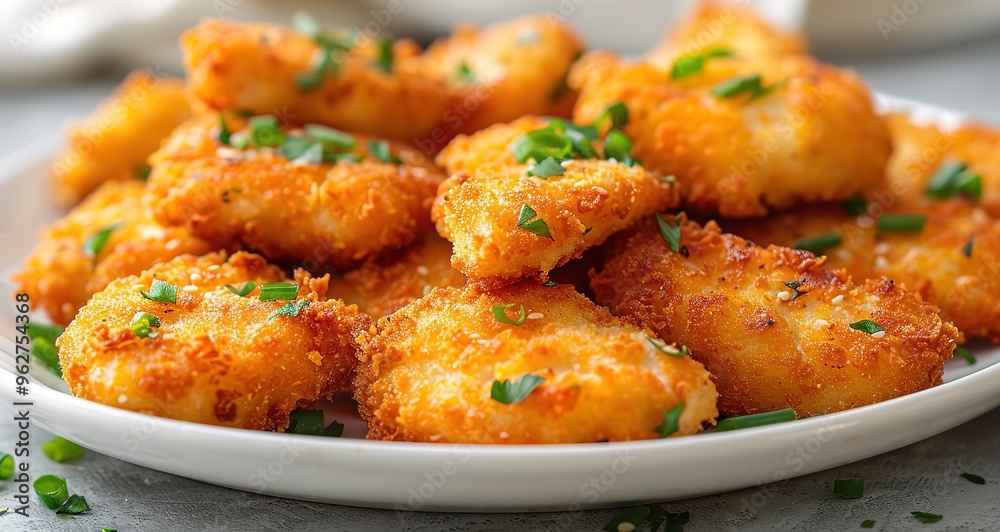 Close up of crispy fried mozzarella sticks, golden brown and topped with fresh chives. Delicious appetizer perfect for a party or snack. Close up of crispy fried mozzarella sticks, golden brown and topped with fresh chives. Delicious appetizer perfect for a party or snack.