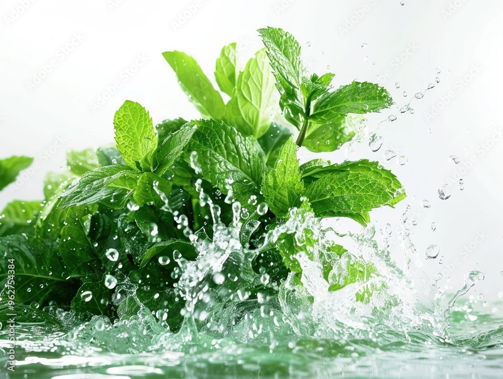 Bunch of mint leaves splashing into a mojito Bunch of mint leaves splashing into a mojito