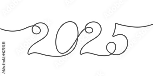 2025 Happy New Year . Christmas symbols 2025 .One line drawing. Vector illustration.