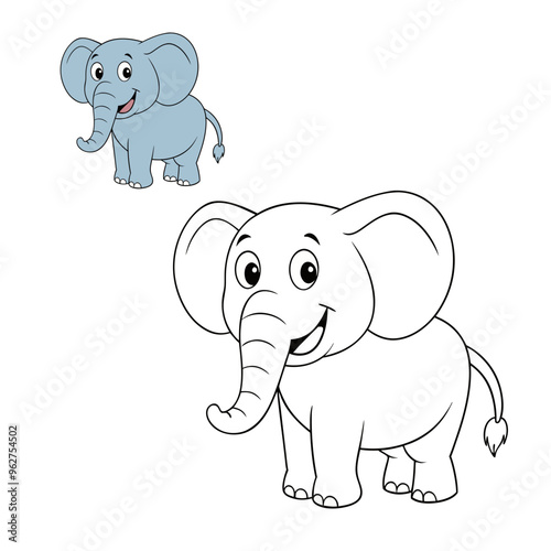 Adorable kids coloring page featuring a playful, cartoon elephant with simple outlines. Perfect for young children, this easy-to-color design promotes creativity and fine motor skills. photo