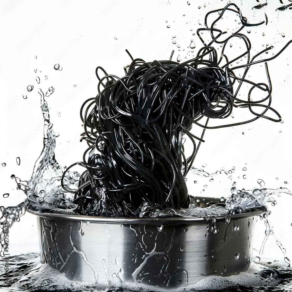 Fresh squid ink pasta hitting boiling water unique culinary splash Fresh squid ink pasta hitting boiling water unique culinary splash