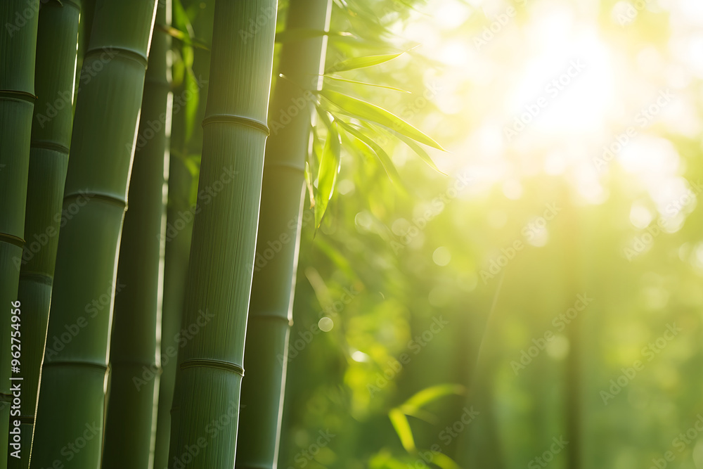 Obraz premium Tranquil Bamboo Forest: Serene Nature Landscape with Sunlight Filtering Through Green Stalks