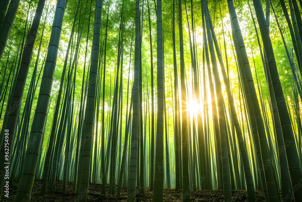 Tranquil Bamboo Forest: Serene Nature Landscape with Sunlight Filtering Through Green Stalks