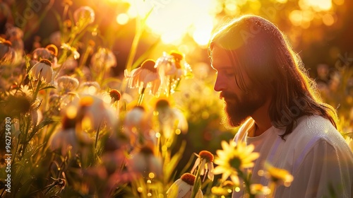 Jesus in a garden at dawn dew on flowers