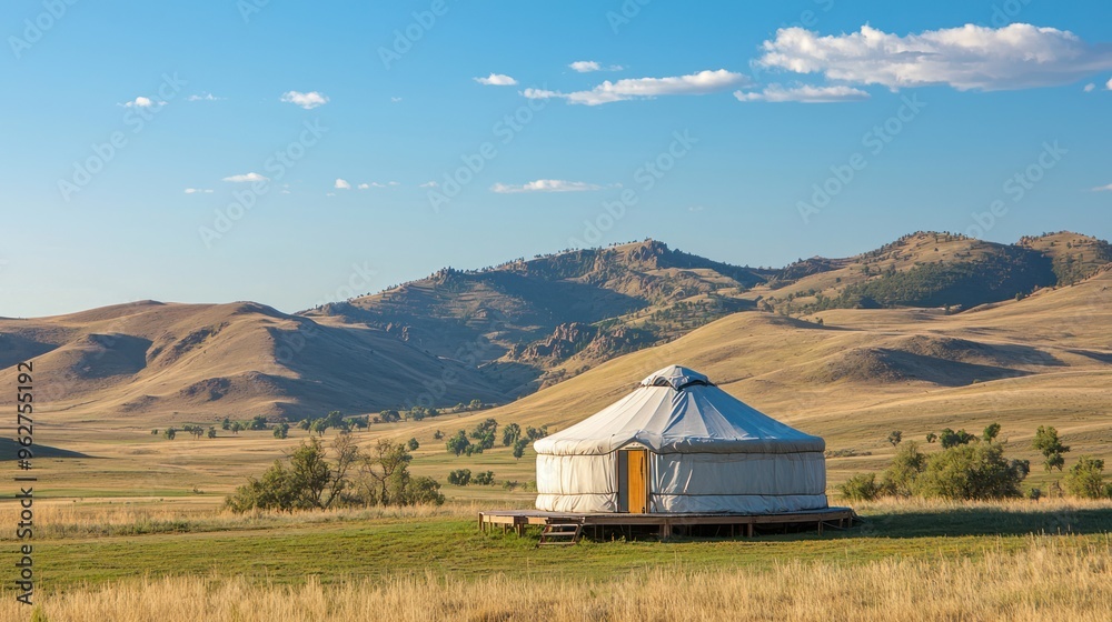 A yurt set against a vast landscape, showing its relative size and position within the surrounding scenery. A yurt set against a vast landscape, showing its relative size and position within the surrounding scenery.