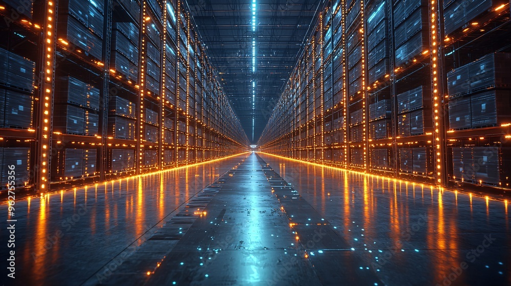 A futuristic logistics network with AR visualizations showing the flow of packages through distribution centers. A futuristic logistics network with AR visualizations showing the flow of packages through distribution centers.