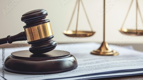 A detailed shot of a gavel and scales placed on top of legal paperwork, capturing the essence of law, order, and judicial power