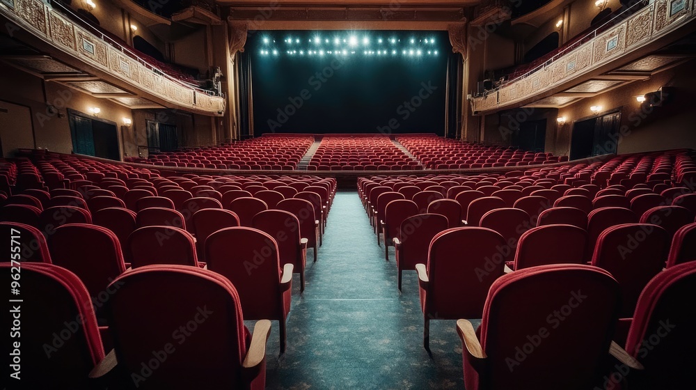 The silent grandeur of an empty theatre auditorium, with plush seats and a vast stage awaiting the next show. The silent grandeur of an empty theatre auditorium, with plush seats and a vast stage awaiting the next show.