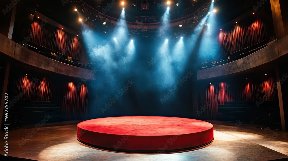 Obraz premium Theater stage with a red round podium, lit by warm spotlights, creating a dramatic setting before the start of a performance.