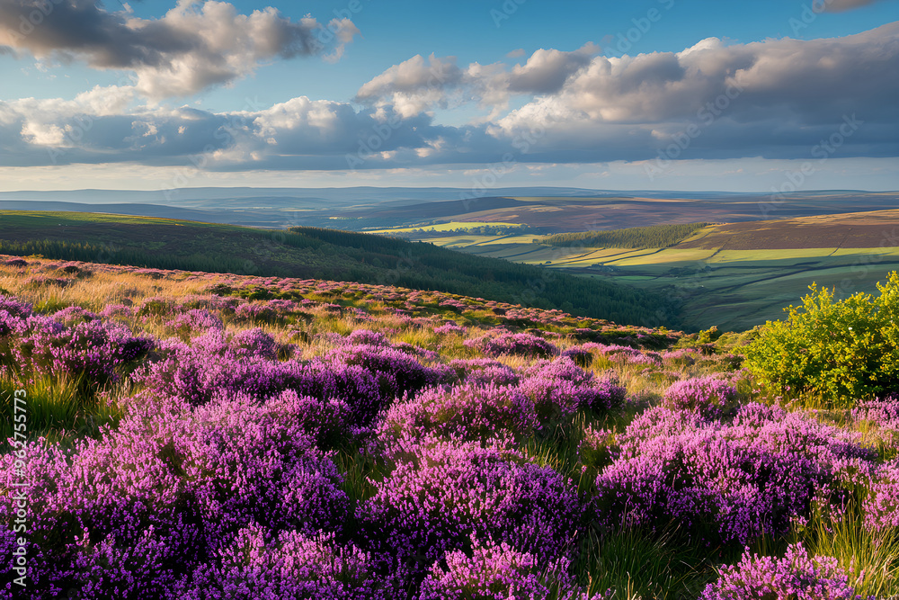 Fototapeta premium Majestic Moorlands: Vibrant Heather and Gorse Blanketing Rolling Hills under Dramatic Sky