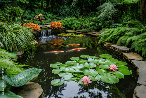 Serene Oasis of Tranquility: Koi Pond with Lush Ferns and Blooming Lotuses in Traditional Garden