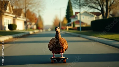 A turkey riding a skateboard down a suburban street, perfect for quirky Thanksgiving or autumn-themed concepts