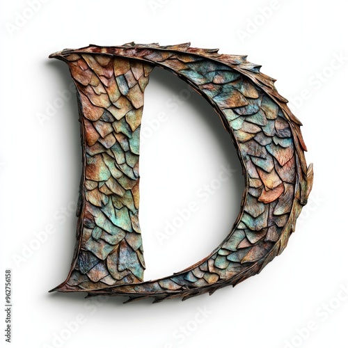 Colorful, textured letter D with a scale-like design against a neutral background