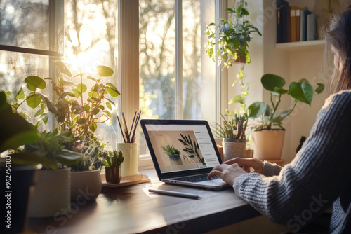 Person Working from Home with a Tablet and Laptop in a Cozy Home Office with Natural Light and Stylish Decor Capturing Remote Work Productivity