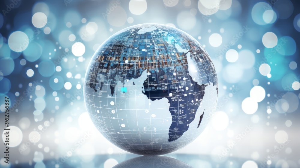 Blue and silver digital globe surrounded by cube icons depicting global network connections Blue and silver digital globe surrounded by cube icons depicting global network connections