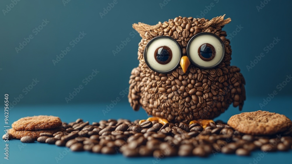 Obraz premium A whimsical owl crafted from coffee beans stands proudly on a layer of beans. Surrounding it are delicious cookies. This unique art piece combines food and creativity. AI