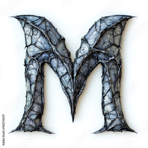 Intricate dragon-inspired letter M crafted from textured materials with a mythical theme photo