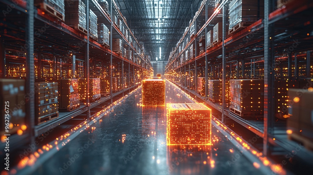 An AR visualization showing the real-time flow of packages through a network of smart warehouses. An AR visualization showing the real-time flow of packages through a network of smart warehouses.