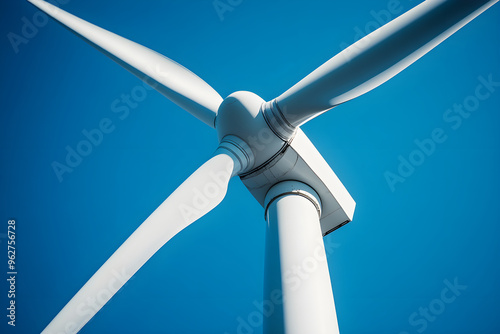 Eco-Friendly Power: Close-Up of Wind Turbine Blades in Clear Blue Sky - Sustainable Energy Concept with Minimalistic Design