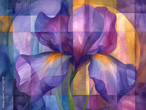 A vibrant, abstract depiction of an iris flower with rich colors and geometric patterns.