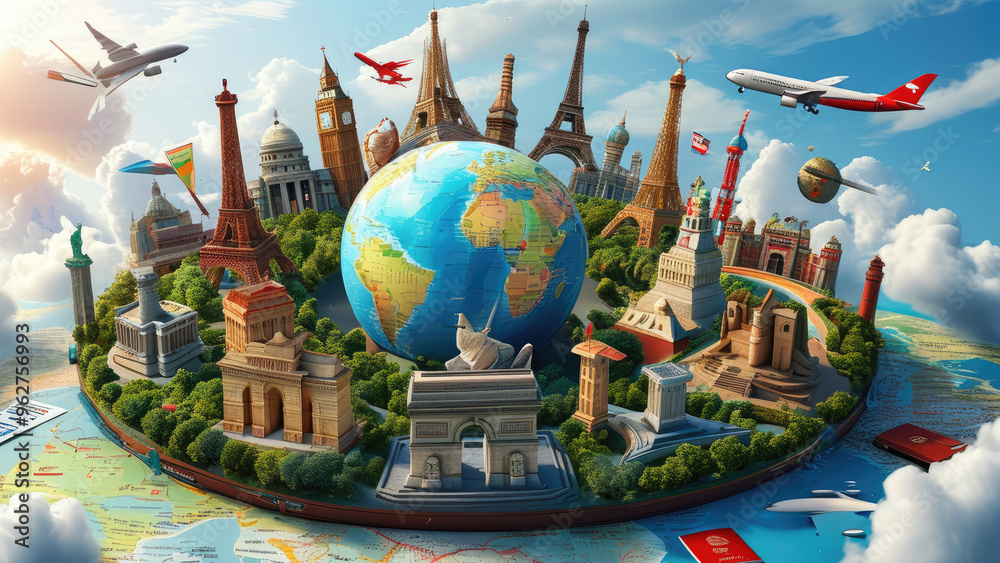 Illustration of Iconic Monuments from Every Country Circling the Globe Illustration of Iconic Monuments from Every Country Circling the Globe