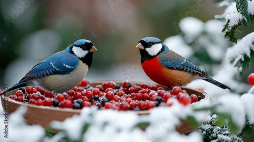Two colorful birds perched on a bowl of snow-dusted berries during winter, perfect for Christmas and winter-themed concepts