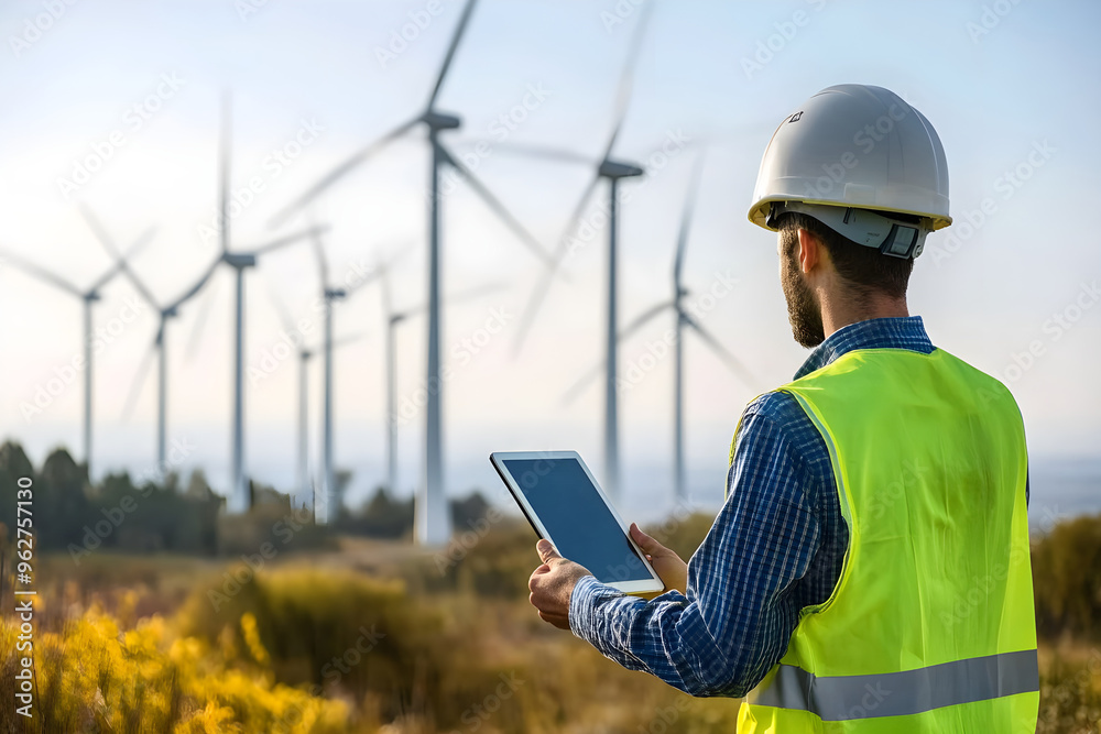 Monitoring Wind Turbine Efficiency: Technician Using Tablet for Smart Energy Management with Turbines in Background