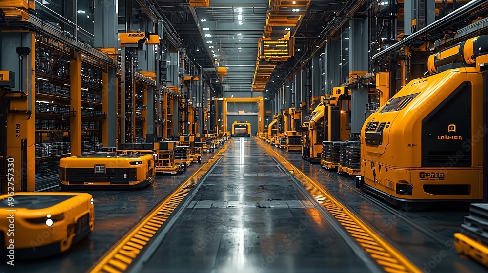 An AR visualization of a fully automated distribution center with robots and drones handling all logistics. An AR visualization of a fully automated distribution center with robots and drones handling all logistics.