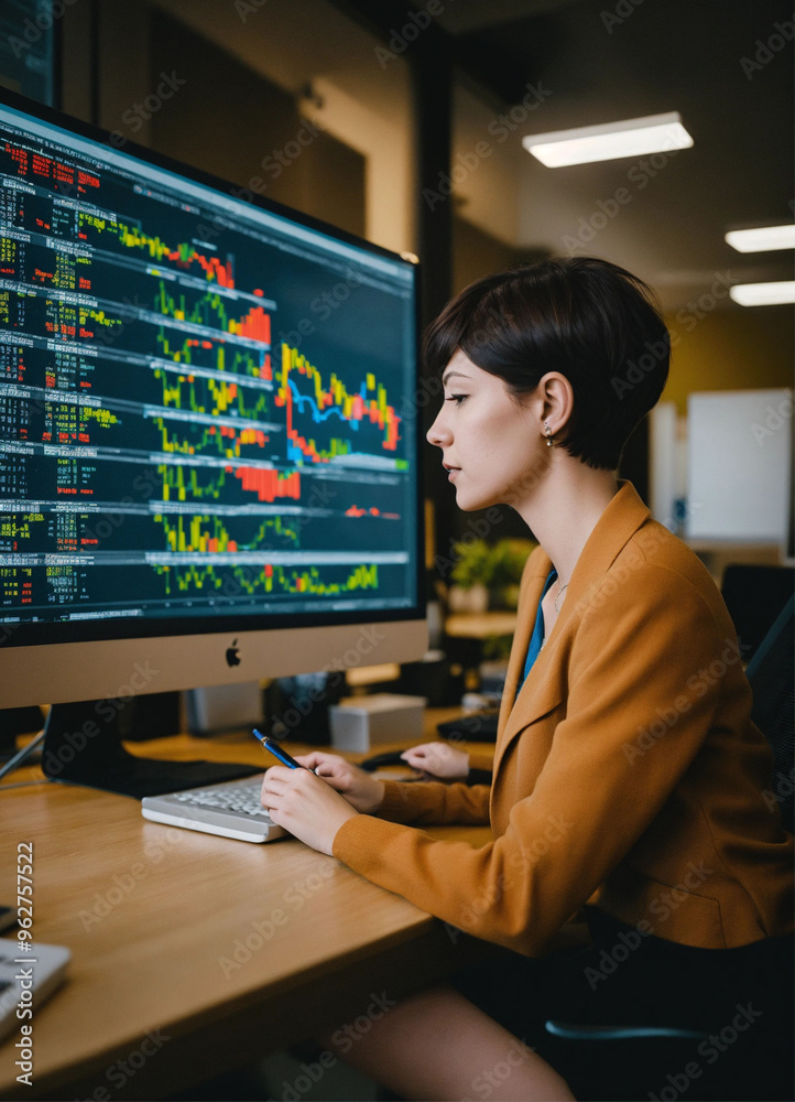 A woman with short hair analyzing data in an office. A woman with short hair analyzing data in an office.