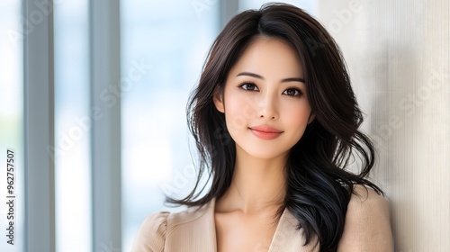 Portrait of a young Asian woman with long wavy hair and natural makeup  wearing a light pink dress in a bright indoor setting 