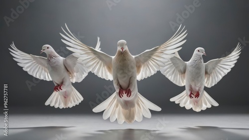 White doves standing, flying, and portrait shots on clear background photo