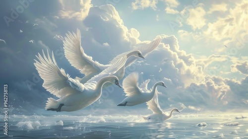 Fototapeta Naklejka Na Ścianę i Meble -  A serene scene of swans gracefully flying over calm waters, set against a backdrop of a cloudy sky. The image captures the elegance and tranquility of these birds in flight, offering a peaceful and