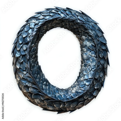 Surreal blue and black dragon-like creature forming a circular shape against a white background