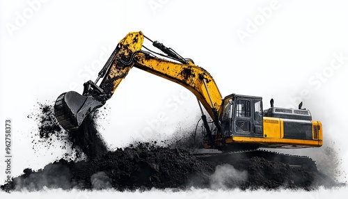 Yellow excavator digging in dirt with smoke coming out from under the tracks.
