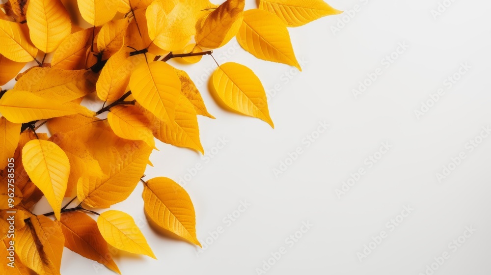Autumn leaves in the air on white background vibrant yellow and orange tree branch banner design Autumn leaves in the air on white background vibrant yellow and orange tree branch banner design