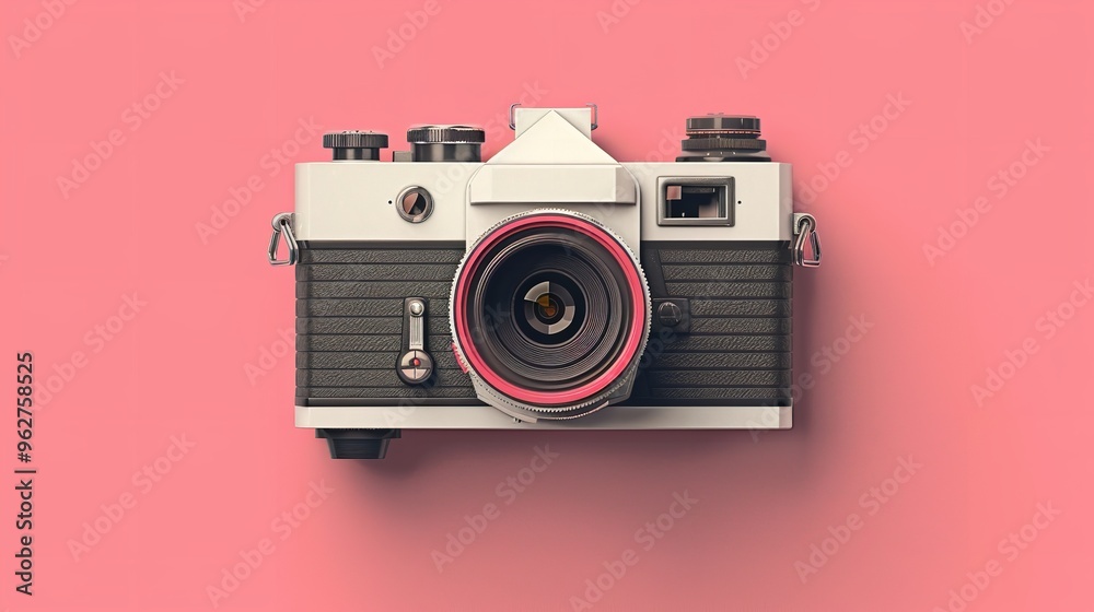 Fototapeta premium Abstract illustration of a vintage camera on a pink background 