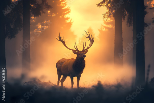 Majestic Stag with Crown of Antlers in Enchanted Sunrise Forest Clearing