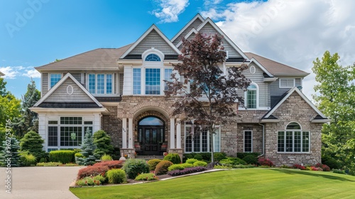 A beautiful large house featuring a mix of stone and siding, surrounded by well-maintained landscaping.