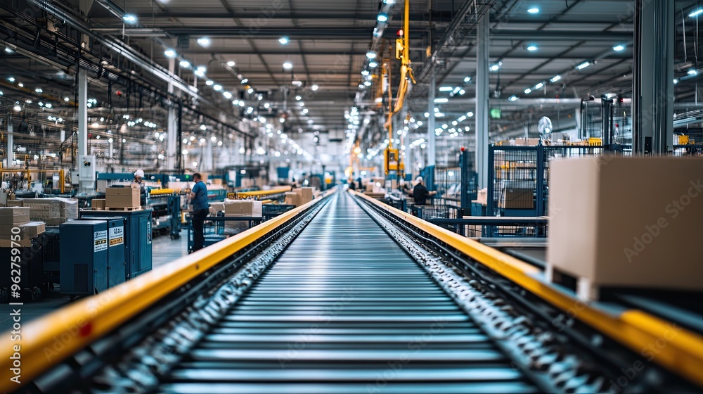Naklejka premium A modern warehouse interior with a conveyor belt and workers managing packages.